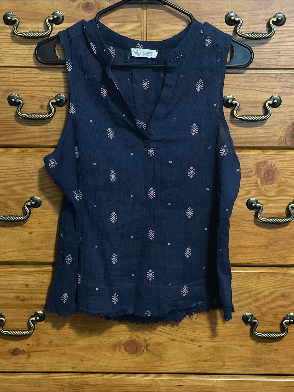 Carve Designs Navy Sleeveless Embroidered V-Neck Blouse